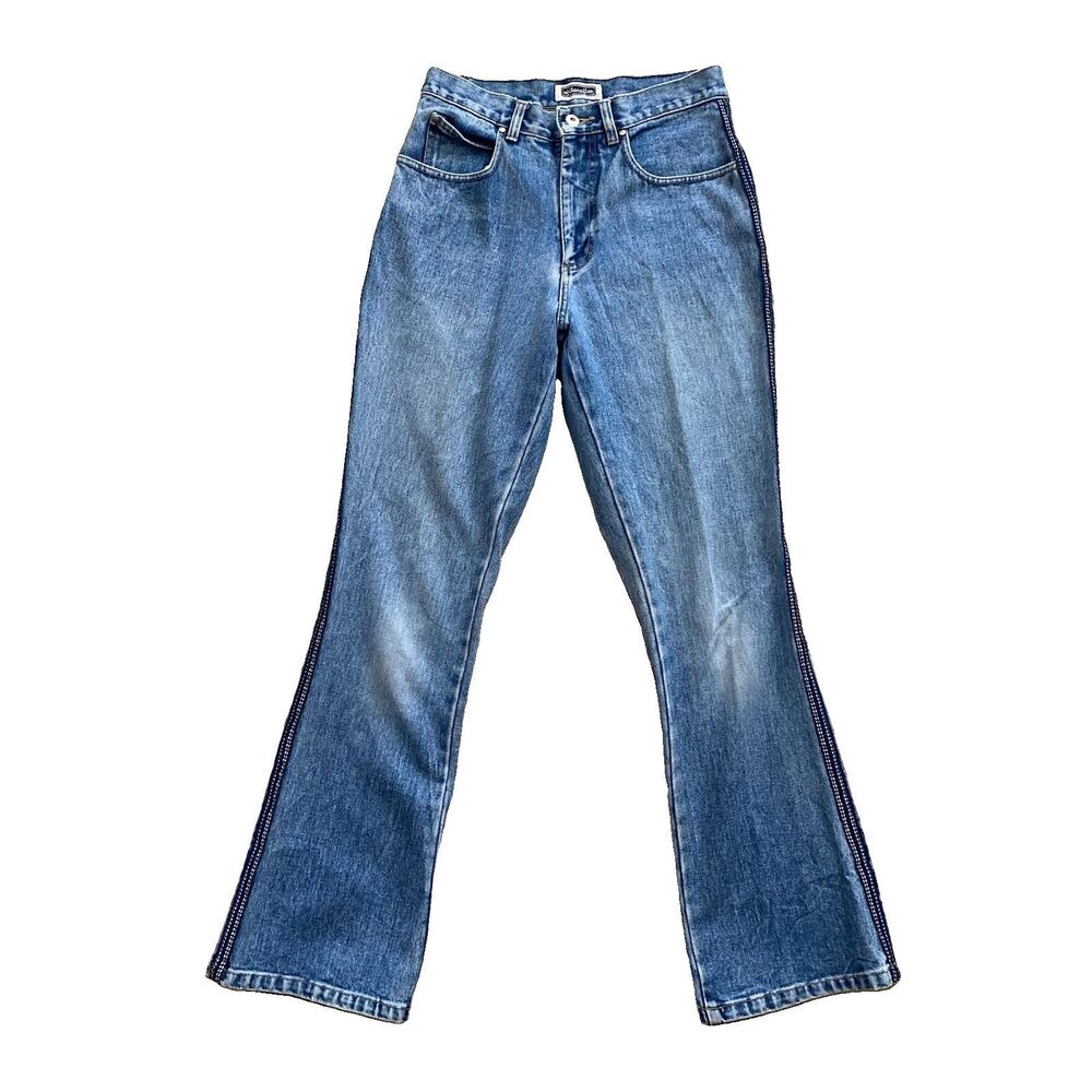 Y2K Xhilaration Flare Jeans Side Stripe Racing Size 5 27x30 Bell Bottom Vintage
